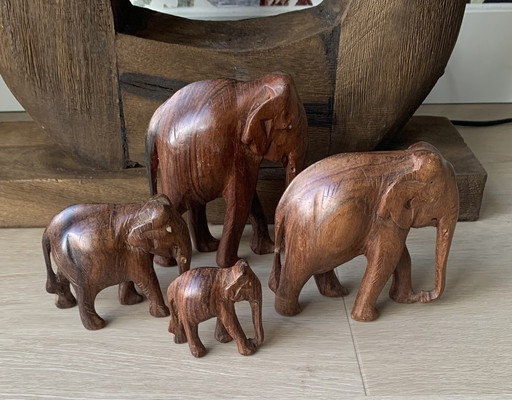 Vintage Set of Hardwood Elephants, Hand Carved