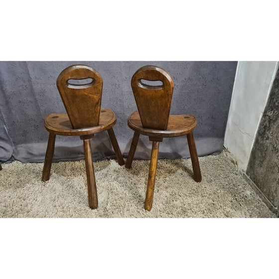 Image 1 of Pair of brutalistic vintage tripod chairs in solid oakwood