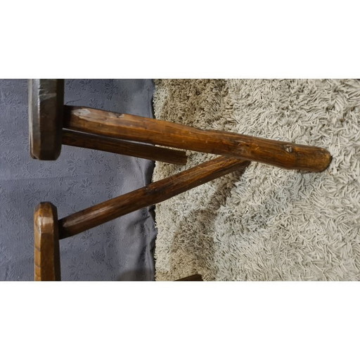 Pair of brutalistic vintage tripod chairs in solid oakwood