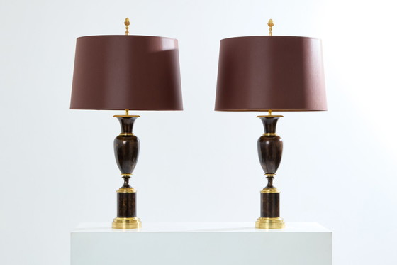 Image 1 of Maison Charles Pair Of Patinated Brass Lamps 1950S
