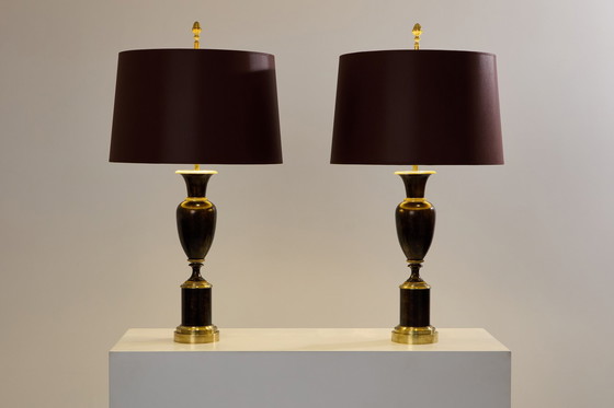 Image 1 of Maison Charles Pair Of Patinated Brass Lamps 1950S
