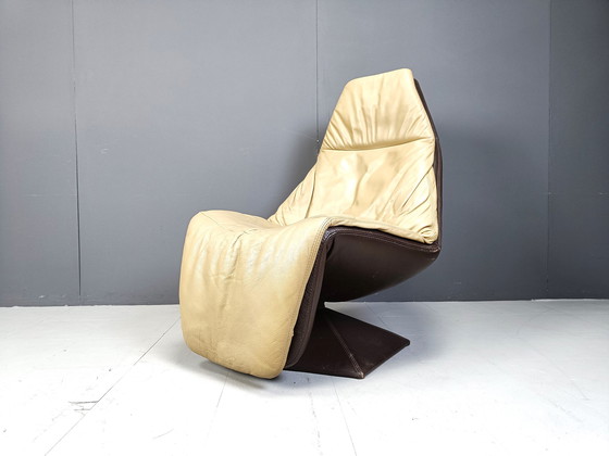 Image 1 of Fauteuil pivotant en cuir vintage avec ottoman, 1970