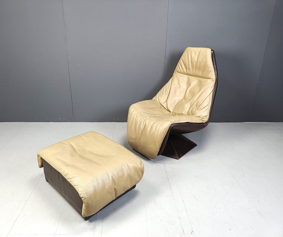 Image 1 of Fauteuil pivotant en cuir vintage avec ottoman, 1970