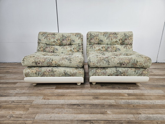 Image 1 of 70S Bedroom Armchairs In White Lacquered Wood And Fabric