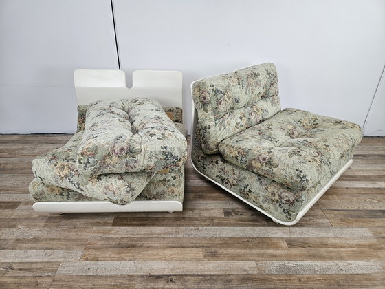 Image 1 of 70S Bedroom Armchairs In White Lacquered Wood And Fabric