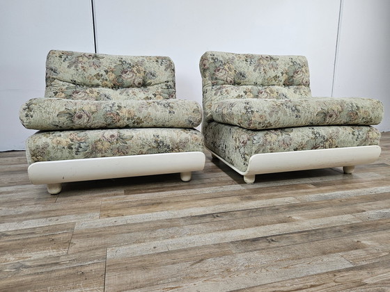 Image 1 of 70S Bedroom Armchairs In White Lacquered Wood And Fabric