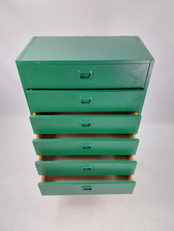 Image 1 of Midcenturymodern swedish chest of drawers.  In green. 