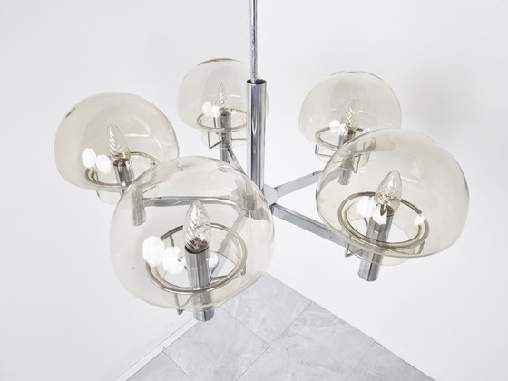 Image 1 of Vintage italian glass and chrome chandelier, 1970s