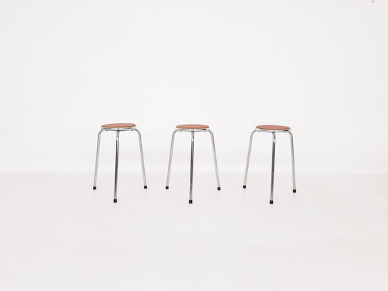 Image 1 of Set of 3 chrome stools with cognac leather seating, 1960's