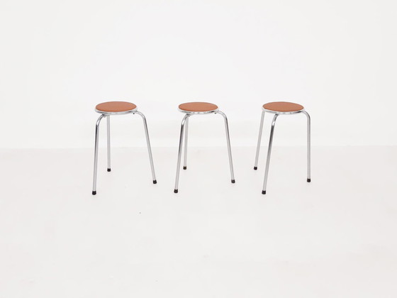 Image 1 of Set of 3 chrome stools with cognac leather seating, 1960's