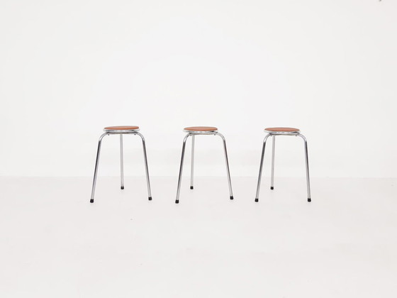 Image 1 of Set of 3 chrome stools with cognac leather seating, 1960's