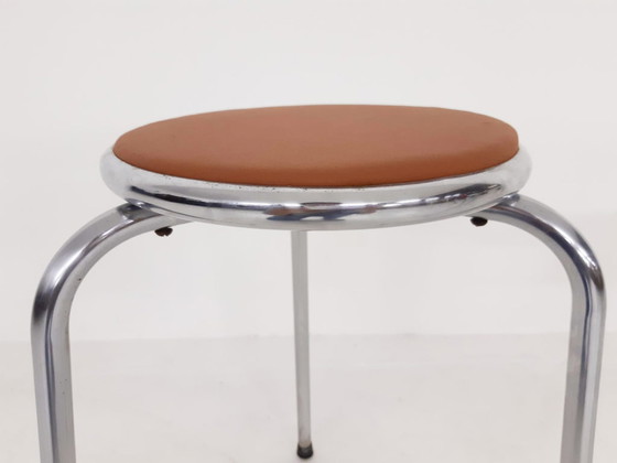 Image 1 of Set of 3 chrome stools with cognac leather seating, 1960's