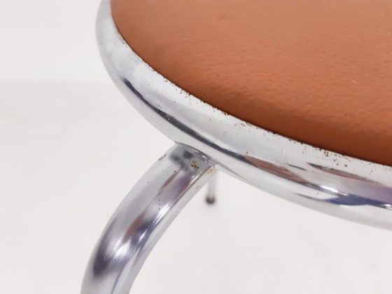 Image 1 of Set of 3 chrome stools with cognac leather seating, 1960's