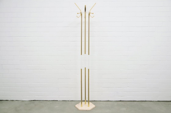 Image 1 of brass, plexiglass & travertine coat rack