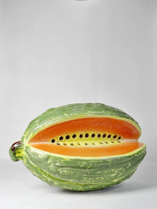 Grand trompe l'oeil melon/pastèque céramique ancien pique fleurs