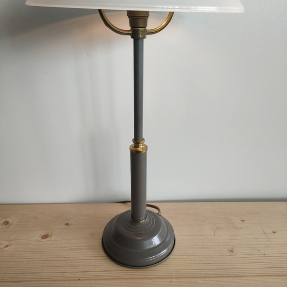 Image 1 of Vintage Metal And Brass Table Lamp With Opaline Shade