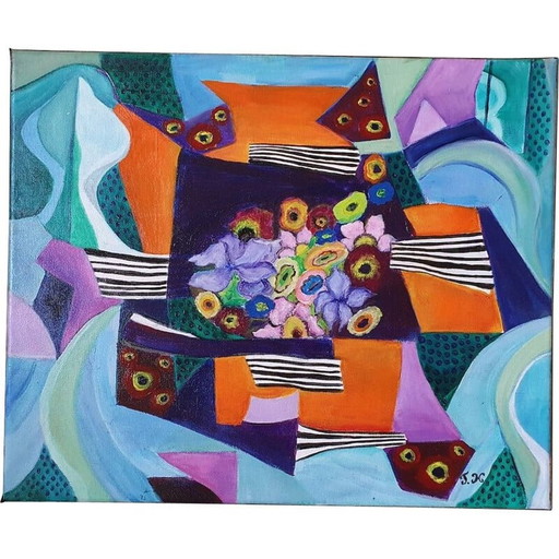 Pintura acrílica vintage "Interrogatorio" de Jocelyne Hoffelt, 2021