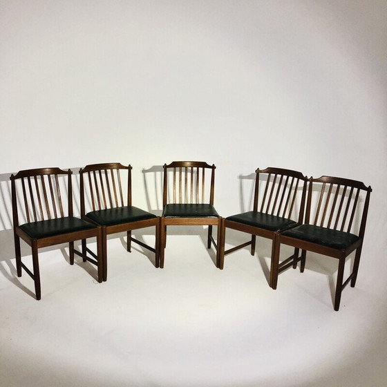 Image 1 of Set di 5 sedie vintage scandinave in legno e similpelle nera, Svezia 1960