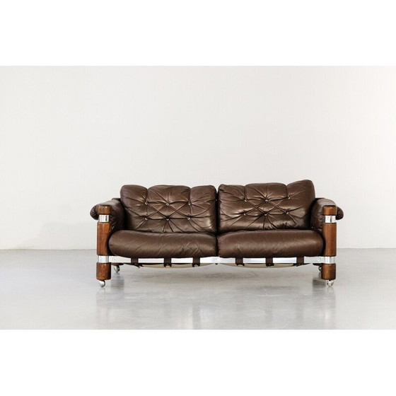 Image 1 of Vintage El Rancho 3-seater sofa in brown leather by Maija Aino Tuulikki Ruoslahti for the Kalustekiila Finland label, 1970