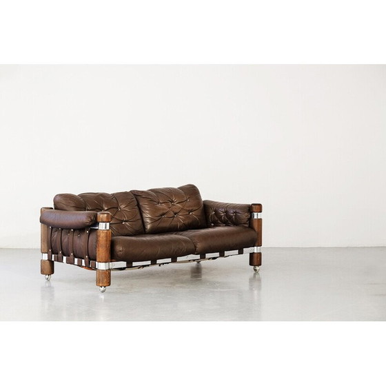 Image 1 of Vintage El Rancho 3-seater sofa in brown leather by Maija Aino Tuulikki Ruoslahti for the Kalustekiila Finland label, 1970