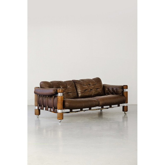 Image 1 of Vintage El Rancho 3-seater sofa in brown leather by Maija Aino Tuulikki Ruoslahti for the Kalustekiila Finland label, 1970
