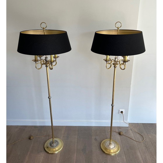 Image 1 of Pair of vintage floor lamps in brushed steel and brass