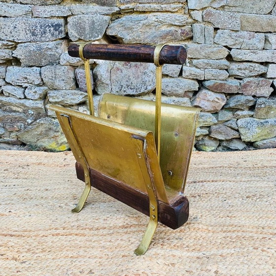 Image 1 of Vintage magazine rack in wood and brass