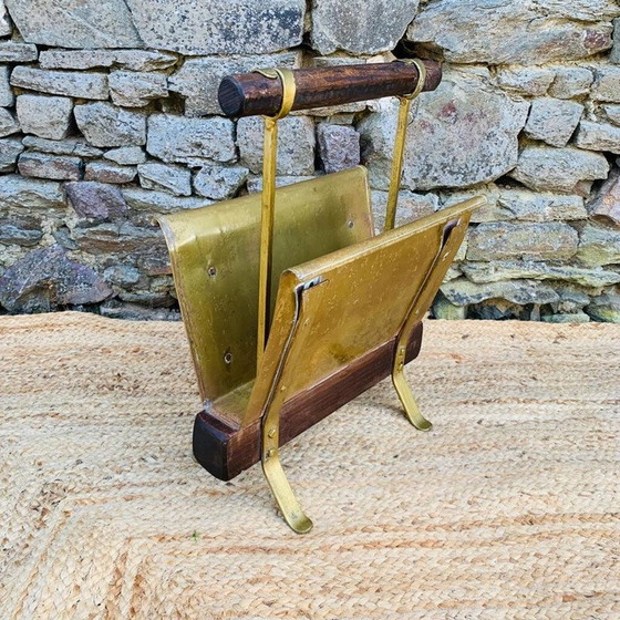Image 1 of Vintage magazine rack in wood and brass
