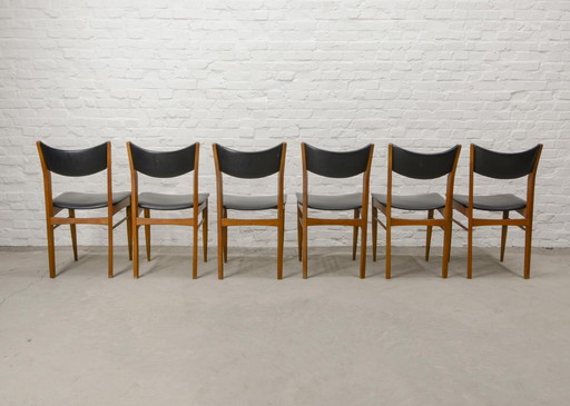 Solid Wood Vintage Design Dining Chairs with Black Leatherette Backrest and Seating, Set of 6. The Netherlands, 1960s.