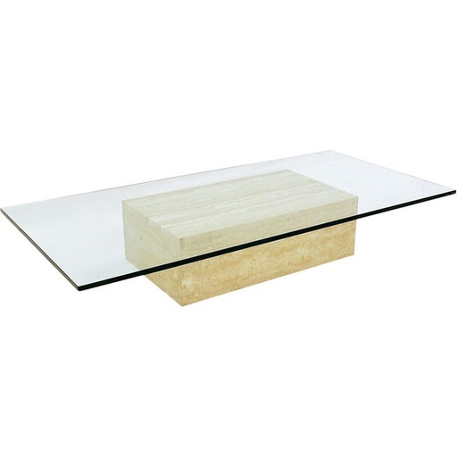 Vintage travertine and glass coffee table, 1970
