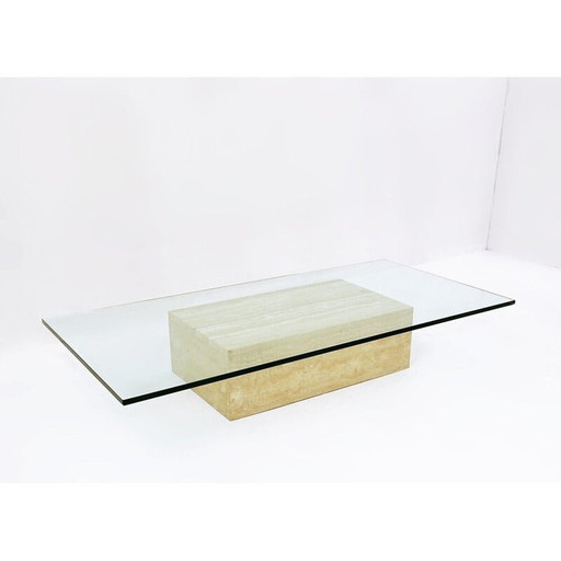 Vintage travertine and glass coffee table, 1970