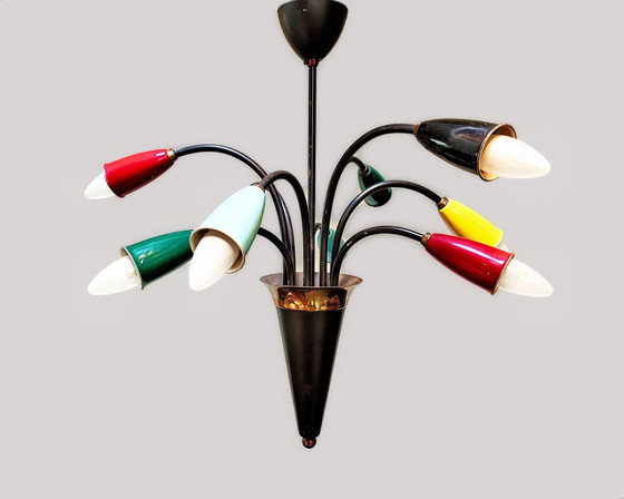 Image 1 of Italian Colorful Brass Chandelier - 1950s
