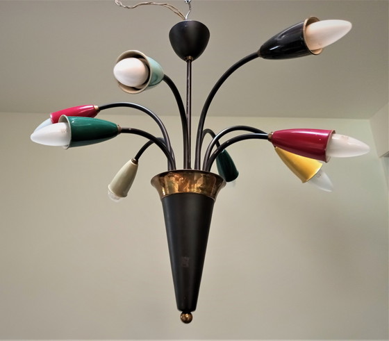 Image 1 of Italian Colorful Brass Chandelier - 1950s