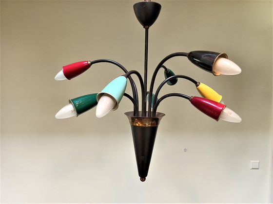 Image 1 of Italian Colorful Brass Chandelier - 1950s