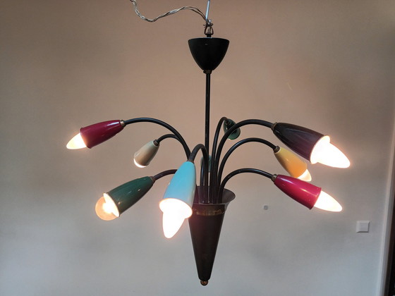 Image 1 of Italian Colorful Brass Chandelier - 1950s