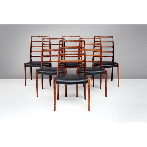 Set of 6 vintage dining chairs model 82 in rosewood by Niels O. Moller