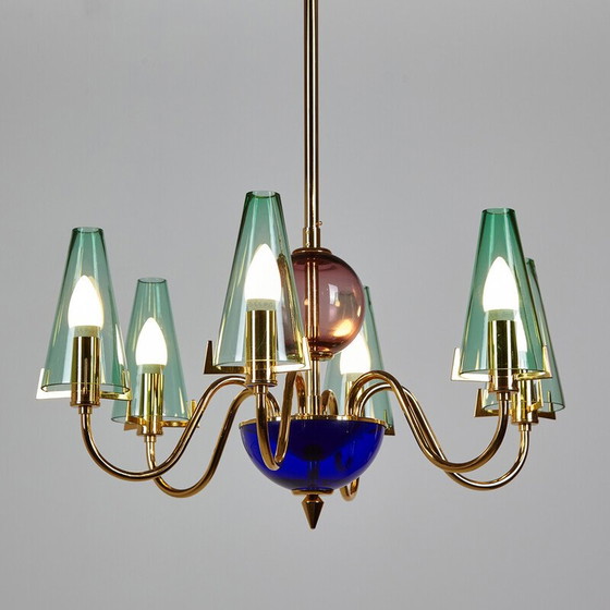 Image 1 of Vintage glass and brass chandelier, Italy 1980