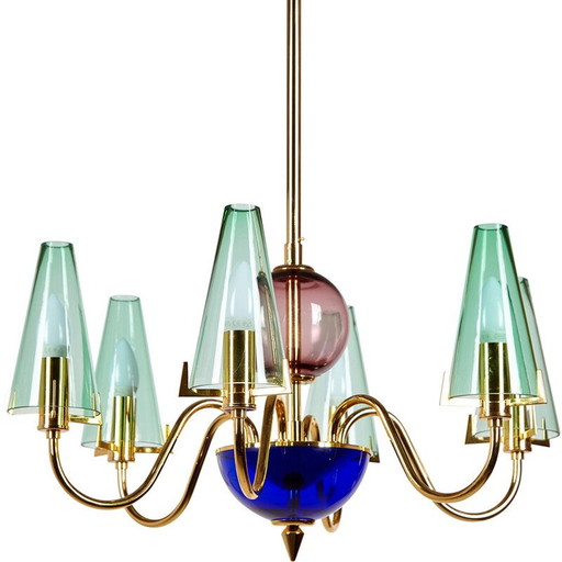 Vintage glass and brass chandelier, Italy 1980