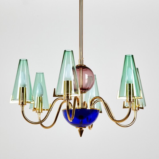 Image 1 of Vintage glass and brass chandelier, Italy 1980