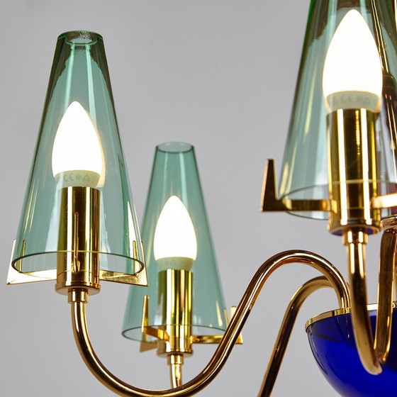 Image 1 of Vintage glass and brass chandelier, Italy 1980