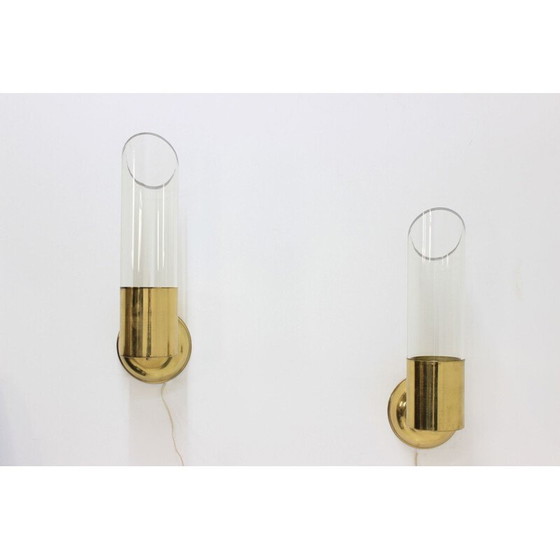 Image 1 of Vintage chandelier and pair wall lamp of sconces in patinated brass by Kamenický Šenov, 1960