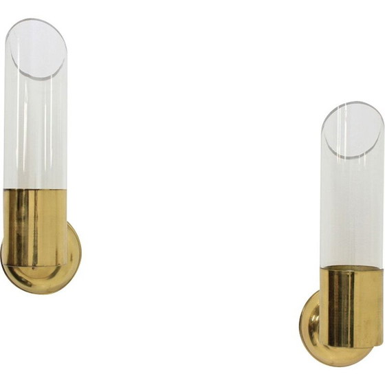 Image 1 of Vintage chandelier and pair wall lamp of sconces in patinated brass by Kamenický Šenov, 1960