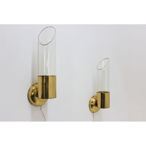 Image 1 of Vintage chandelier and pair wall lamp of sconces in patinated brass by Kamenický Šenov, 1960