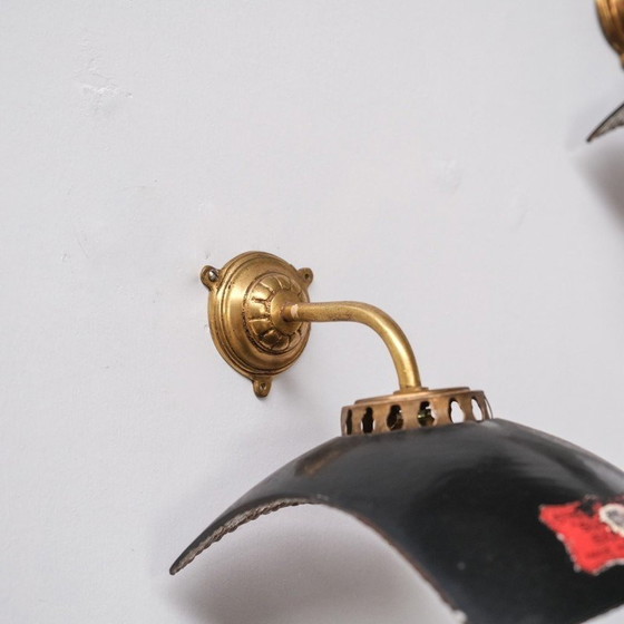Image 1 of Pair of vintage Mercury glass and brass wall lamps, England 1920s