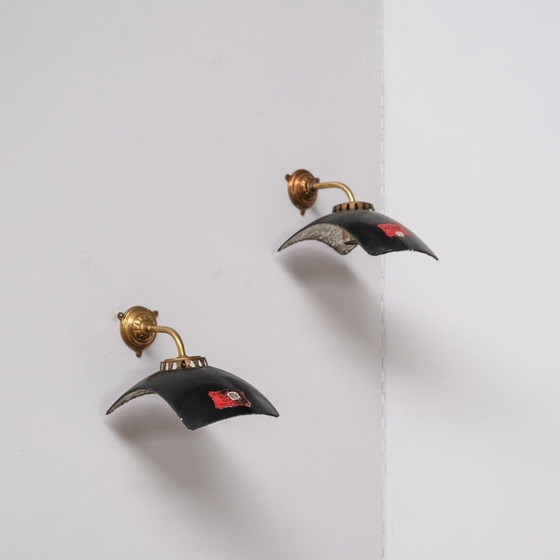 Image 1 of Pair of vintage Mercury glass and brass wall lamps, England 1920s