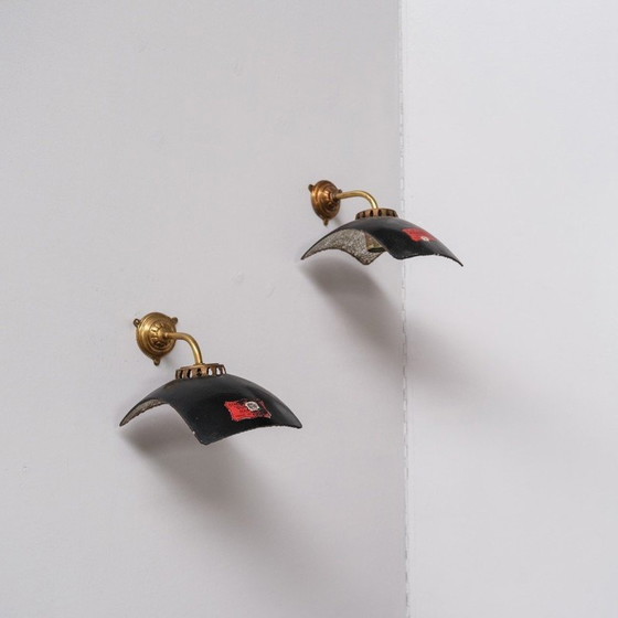 Image 1 of Pair of vintage Mercury glass and brass wall lamps, England 1920s