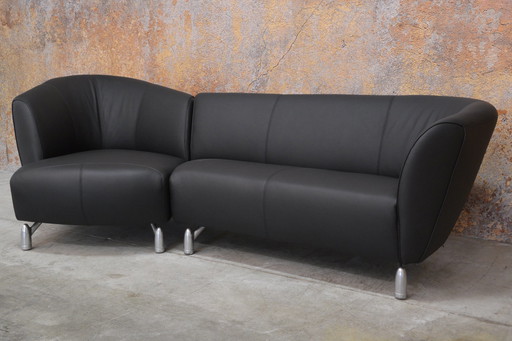 Newly Upholstered Black Leather Leolux Pupilla Corner Sofa