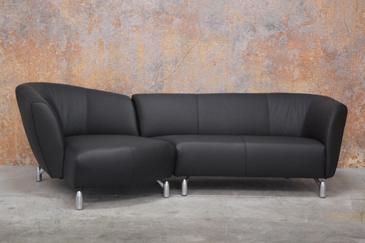 Newly Upholstered Black Leather Leolux Pupilla Corner Sofa