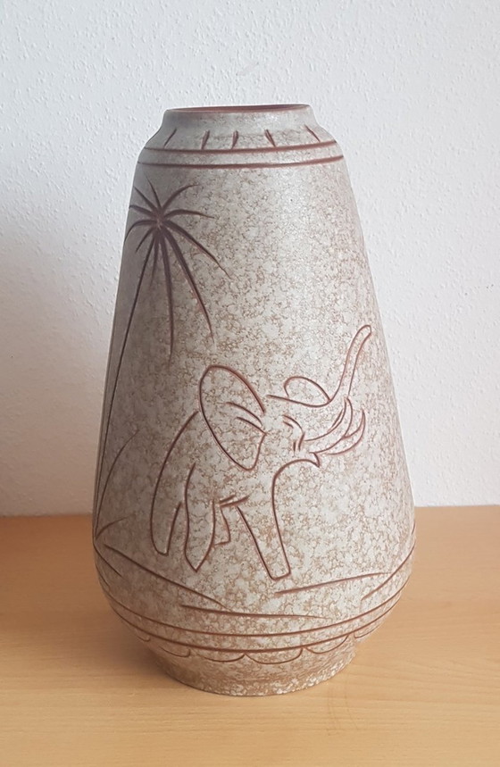 Image 1 of Ceramic Vase With Elephant And Palm Tree