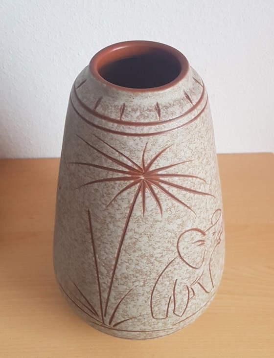 Image 1 of Ceramic Vase With Elephant And Palm Tree